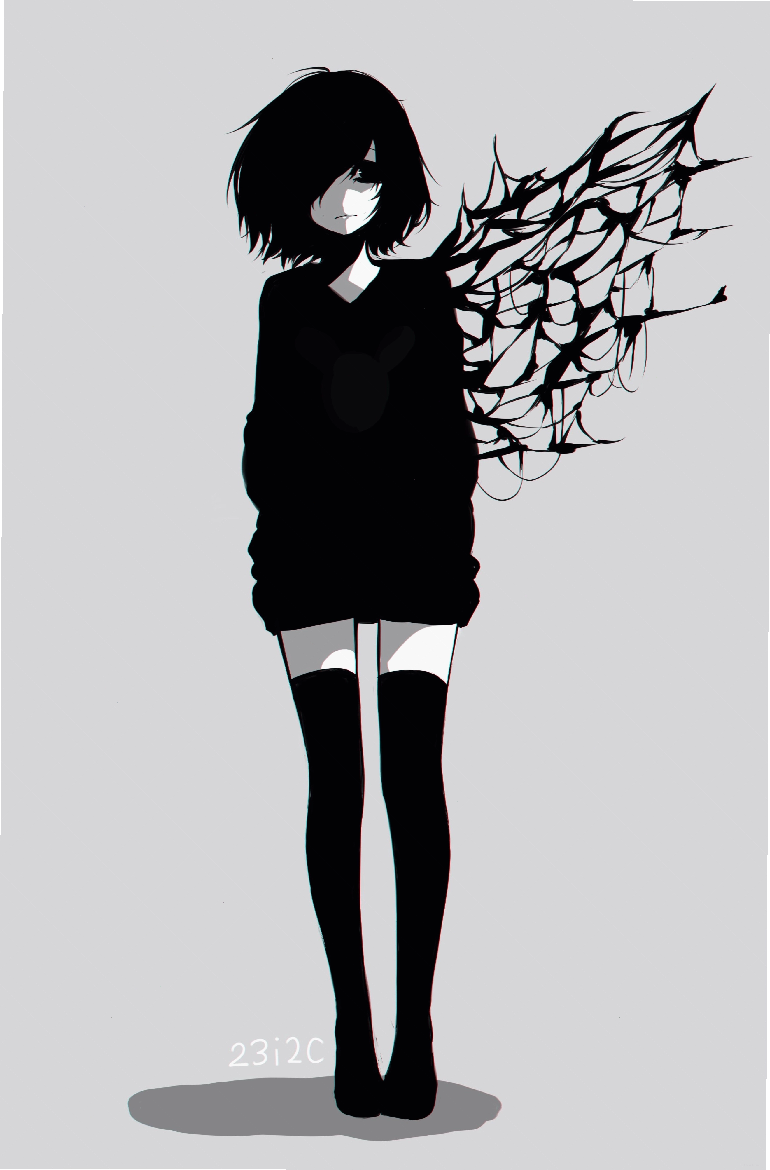Anime girl trắng đen buồn với nét vẽ tinh xảo