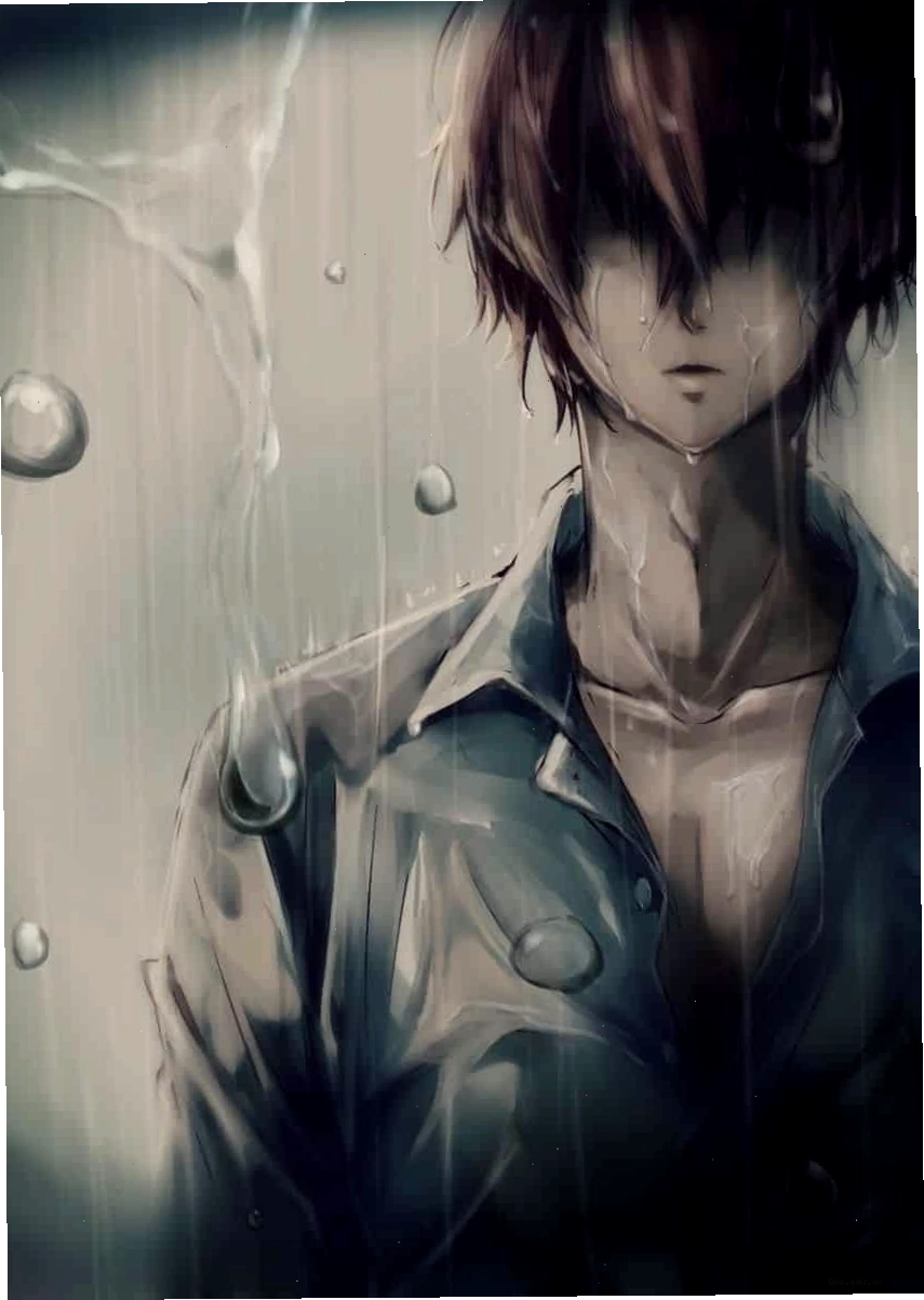Anime nam buồn đứng dưới mưa, thể hiện sự cô đơn và nỗi buồn khó tả