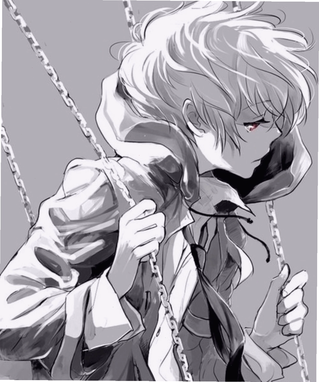Anime trắng đen nam với vẻ mặt buồn thương và cô độc