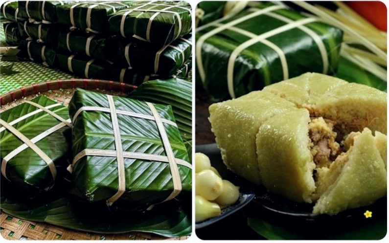 Bánh chưng truyền thống gói ghém trong lá dong xanh mướt