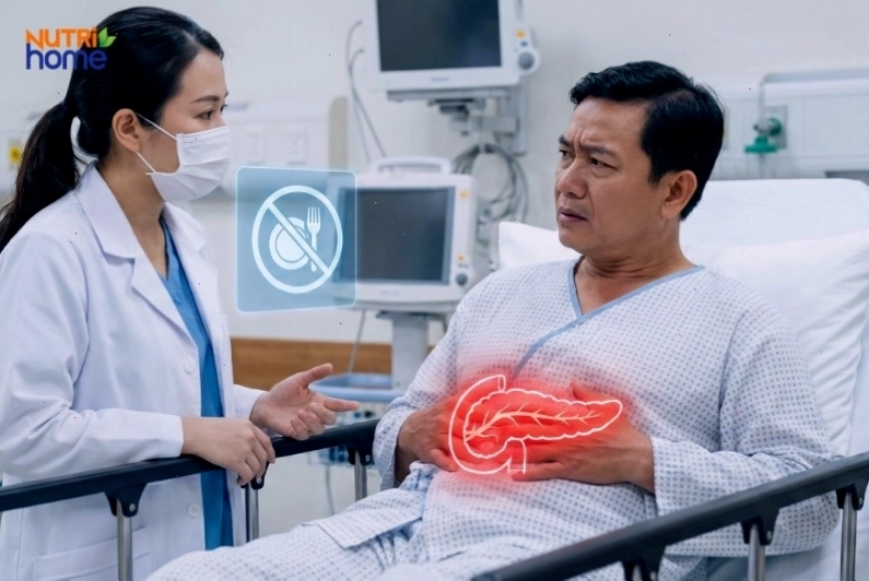 Bệnh nhân được bác sĩ giải thích về viêm tụy cấp và chế độ nhịn ăn ban đầu