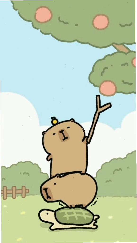 Capybara xếp chồng lên rùa hái quả