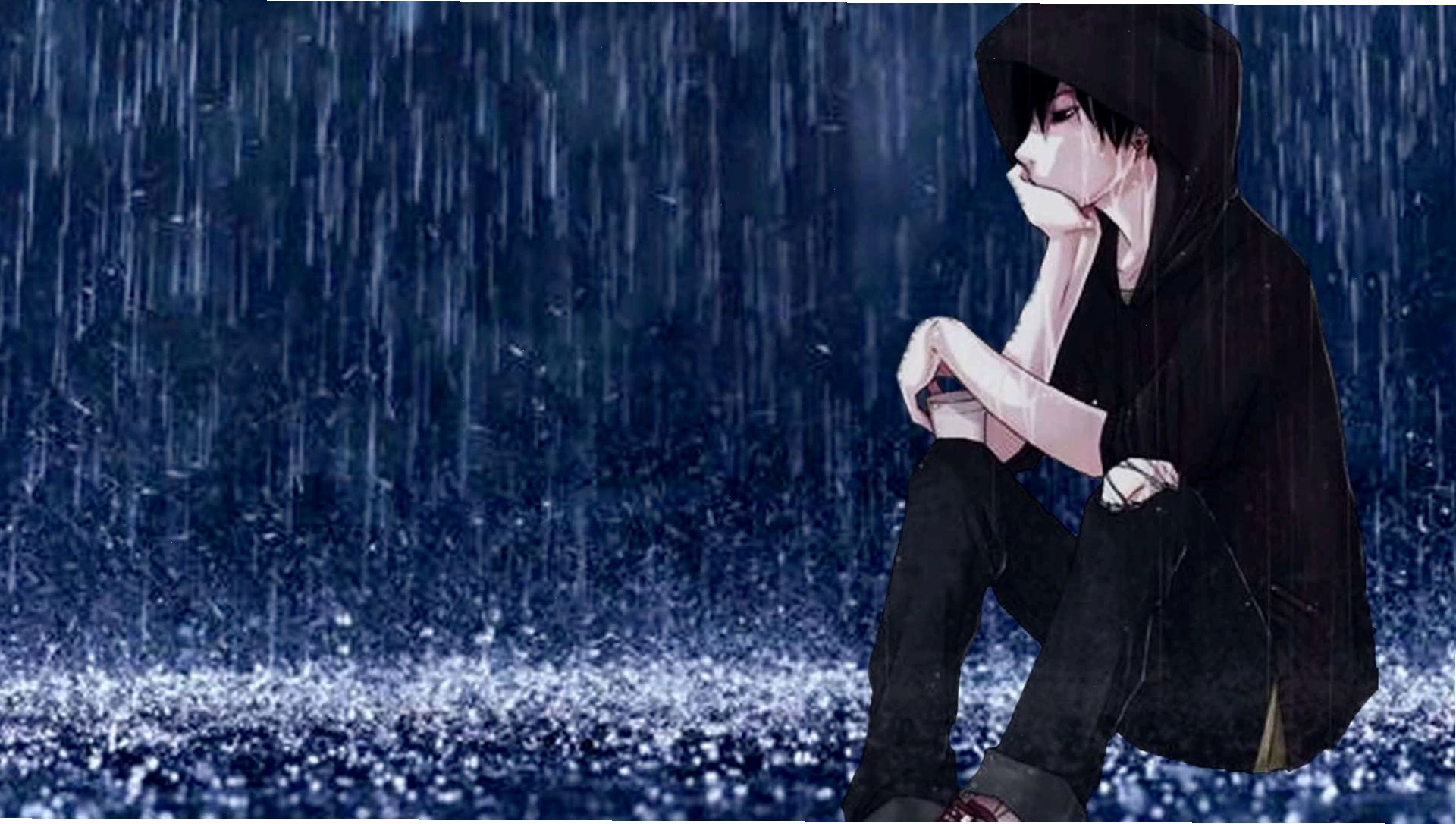 Chàng trai anime ngồi một mình trong mưa, cô đơn và suy tư