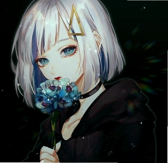 Cô gái anime với mái tóc bạch kim và biểu cảm bí ẩn