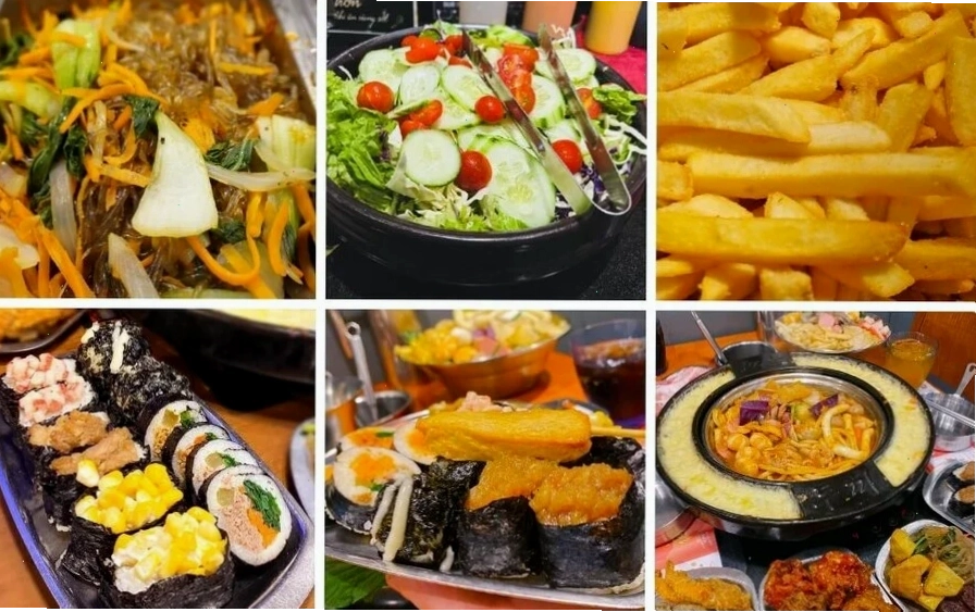 Đa dạng các loại đồ ăn kèm như phô mai, salad, kimbap tại quầy buffet Dookki