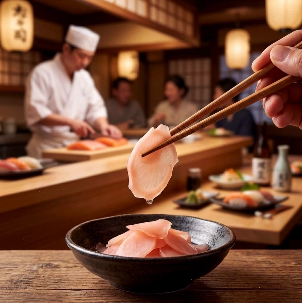 Gừng hồng Gari thái lát mỏng, màu hồng phấn bên cạnh sushi Nhật Bản