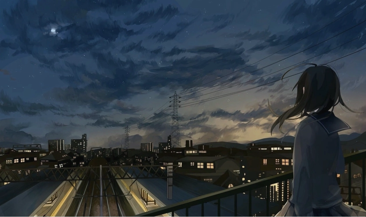 Hình ảnh anime buồn về một cô gái cô đơn đang nhìn xa xăm với ánh mắt đượm buồn