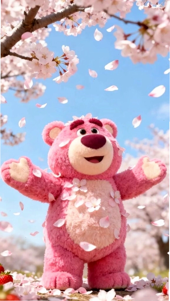 Hình nền gấu cute tung tăng giữa khung cảnh mùa xuân