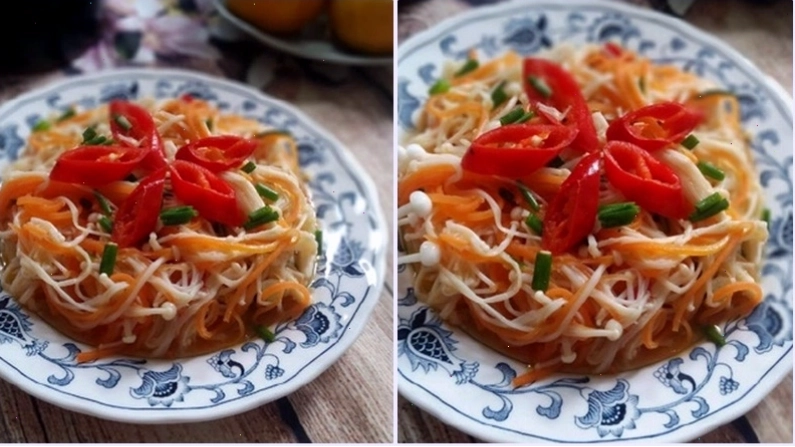 Hoàn thành món nấm kim châm xào cà rốt sa tế cay nồng