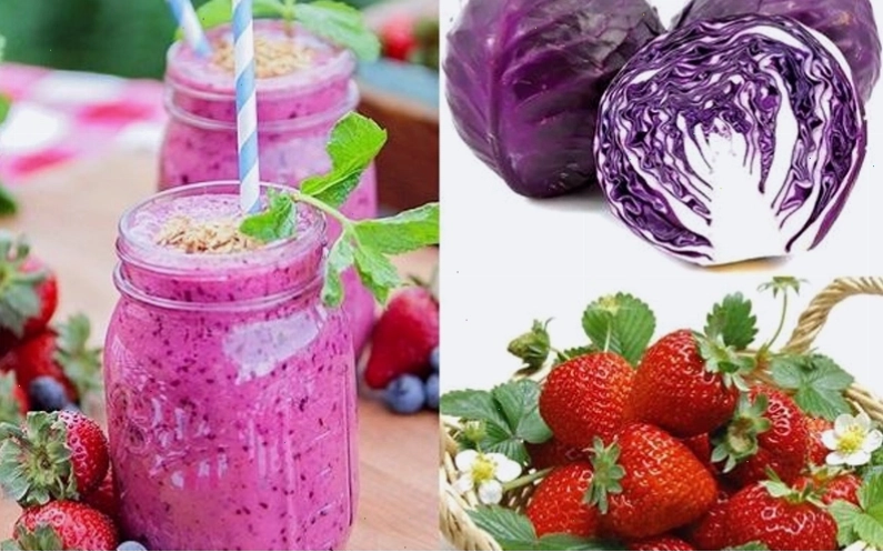 Ly sinh tố bắp cải tím và dâu tây đẹp mắt
