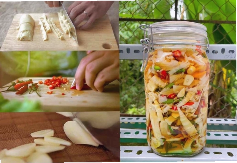 Măng được xếp vào hũ cùng tỏi ớt và nước ngâm