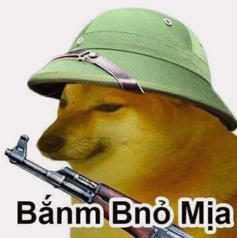 Meme Cheems cầm súng với biểu cảm nghiêm túc giả tạo