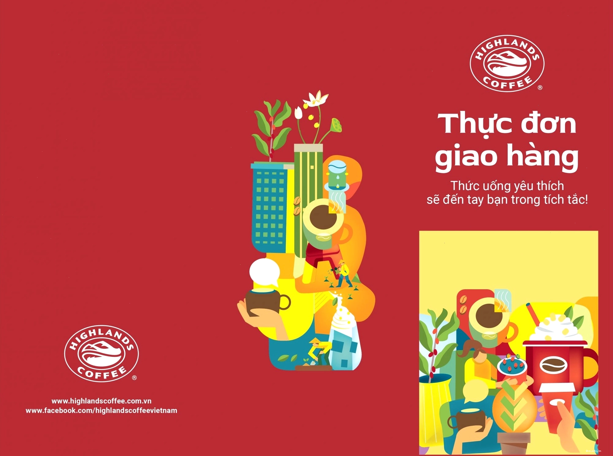 Menu giao hàng Highlands Coffee với các dòng sản phẩm cà phê và trà