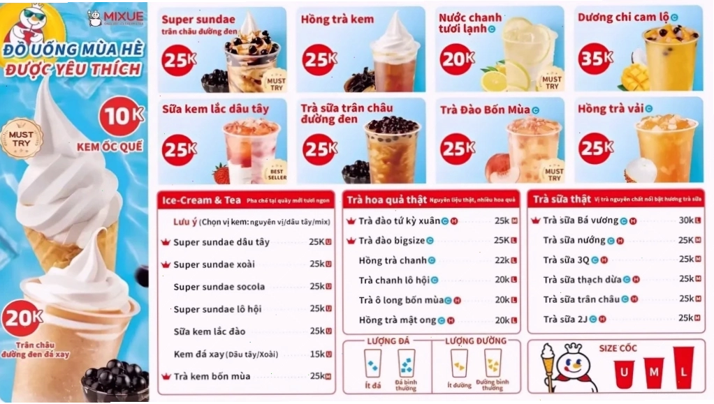 Menu Mixue Kem Ngon Tuyệt với nhiều loại topping hấp dẫn