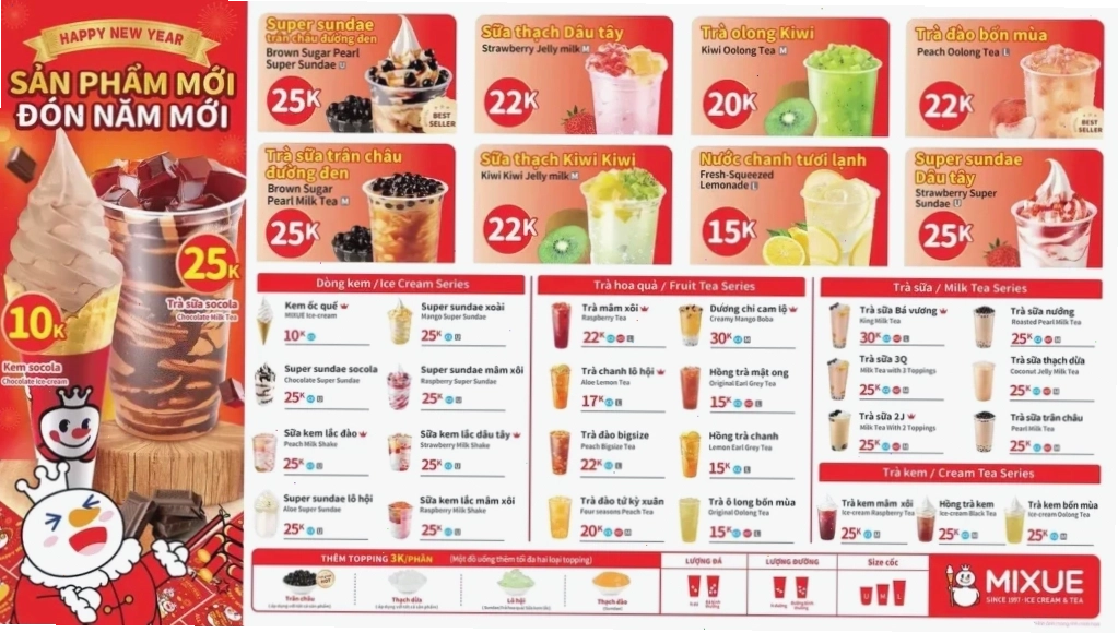 Menu Mixue Trà Sữa Không Thể Cưỡng Lại với các topping hấp dẫn