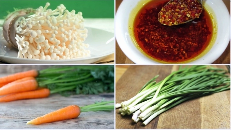 Nguyên liệu chuẩn bị cho món nấm kim châm xào cà rốt sa tế
