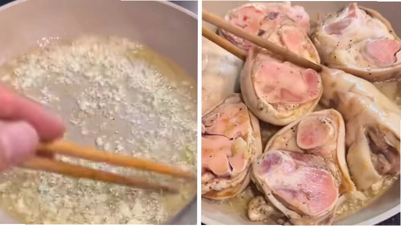 Thịt chân giò áp chảo trước khi kho