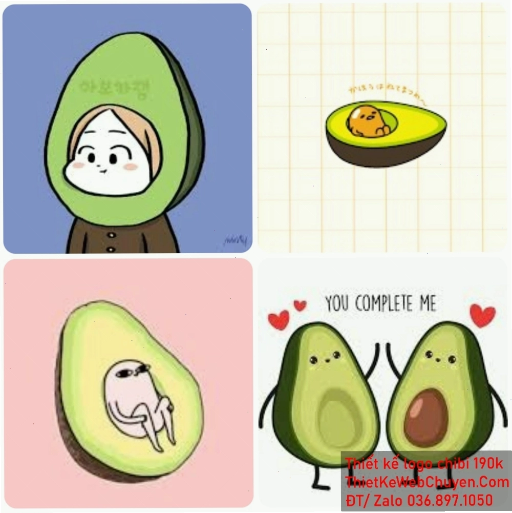 Trái bơ chibi cute cầm một bông hoa nhỏ