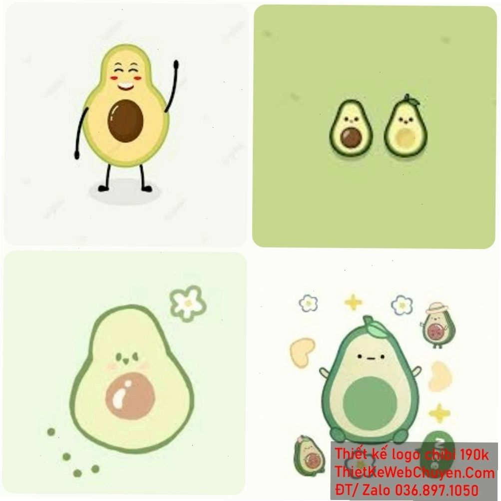 Trái bơ chibi cute với biểu cảm vui tươi