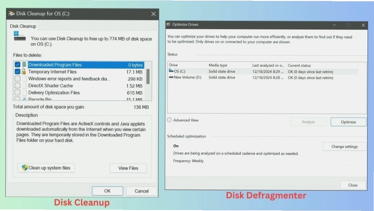 Sử dụng Disk Cleanup hoặc Disk Defragmenter để giải phóng dung lượng ổ cứng
