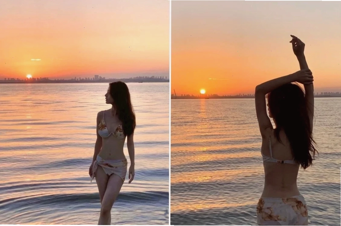 hot girl tạo dáng sexy trên bãi biển lúc hoàng hôn